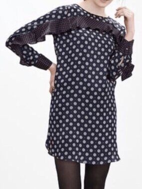 Banana Republic Silk Foulard Ruffle Blue Dress Long Sleeve Gold Stud Buttons 0